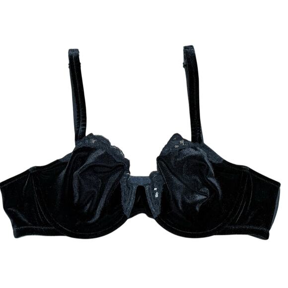 Cacique Sexy Balconette Bra Women 44 B Black Velvet Lace Trim Unlined‎ Underwire - Picture 1 of 8
